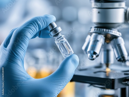 Gloved hand examining peptide vial near microscope in lab. Advanced biotechnology research for clinical anti-aging dermatology skincare development.