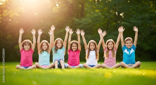 Happy multiethnic children sitting on green grass in park with hands raised up high.