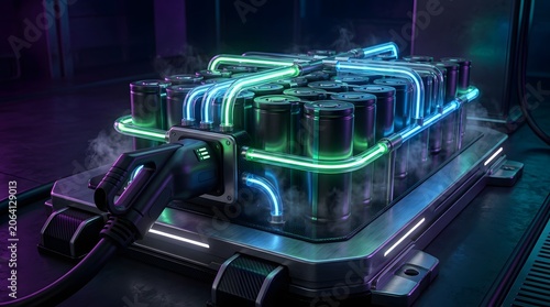 Futuristic electric vehicle battery pack with glowing green blue neon energy cells on a dark high tech background, showing lithium ion power storage technology, advanced EV charging innovation system
