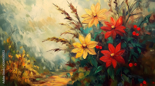 Vibrant Botanical Impressionist Artwork of Red and Yellow Flowers with Lush Green Foliage in Serene Landscape Setting professional commercial marketing content advert