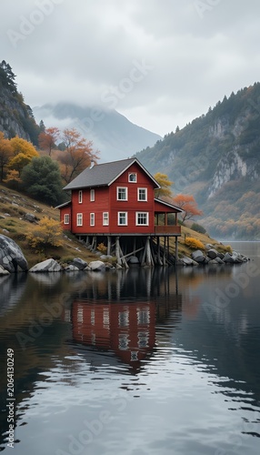 Red lakeside house on stilts by calm autumn lake and misty mountains