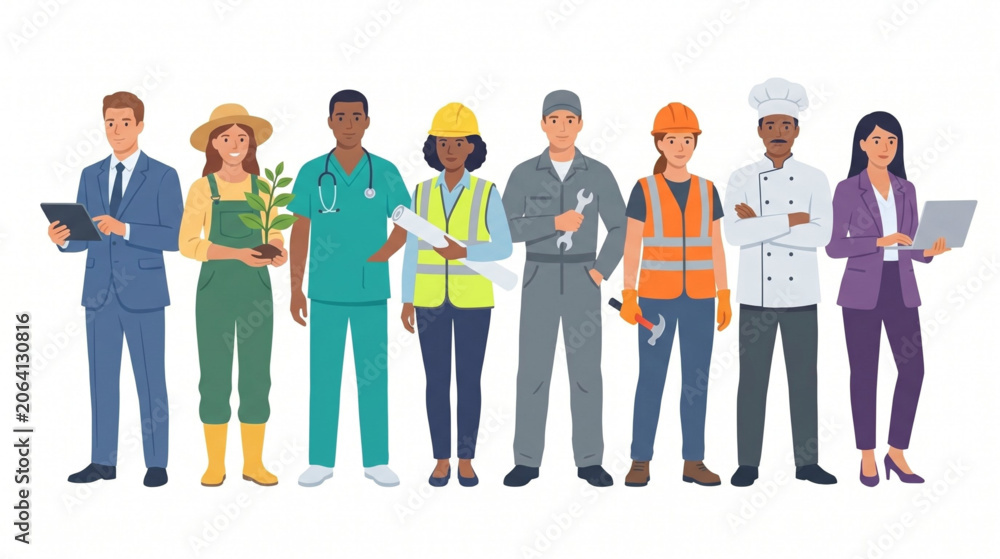 Obraz premium Group of Diverse Professionals Standing Together in Different Career Uniforms