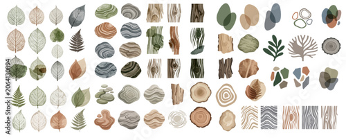 Boho Nature Elements Collection with Leaves, Wood Textures, Stones, and Organic Shapes Vector Set