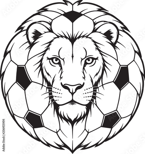Barbary Lion Head Soccer Ball Vector Football Emblem Black and White