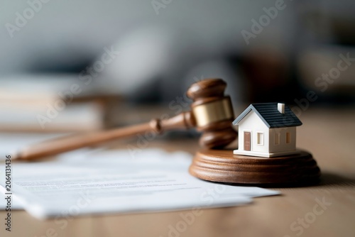 Model house beside auction gavel on legal documents, representing property foreclosure, court ordered sale, debt recovery and real estate auction process with copy space