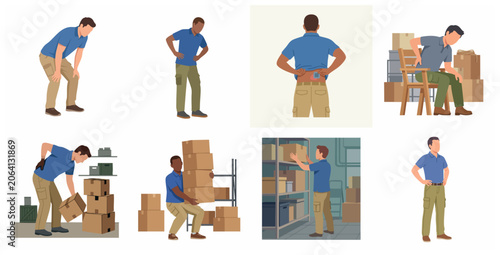 Obraz na płótnie Warehouse Worker Back Pain and Ergonomics Illustration Set Showing Improper Lift