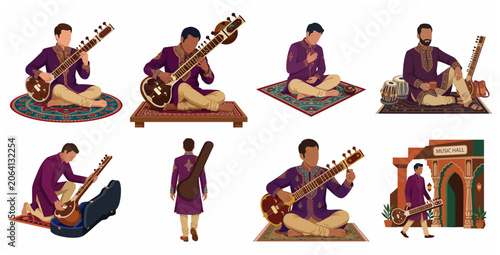 Tableau sur toile Indian Classical Musician Sitar Player Illustration Set in Traditional Attire