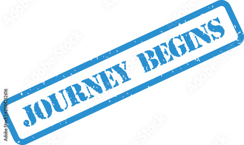 Photos Blue rubber stamp with the text JOURNEY BEGINS diagonally on a clean white surfa