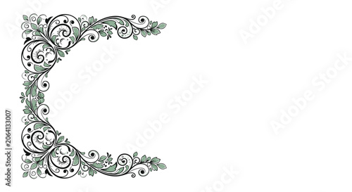 Elegant ornamental corner border pattern featuring intricate green leaf motifs and black swirling floral decorative elements.