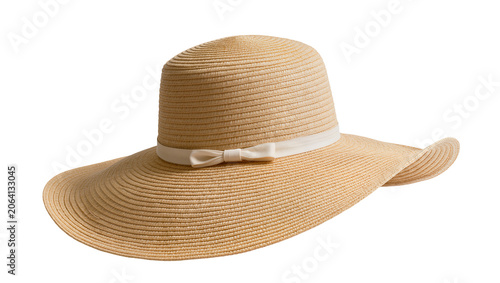 Cuadro en lienzo Wide brim straw hat with white ribbon bow