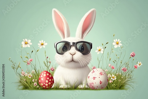 Cute Bunny Wearing Sunglasses in Spring Garden with Easter Eggs and Flowers