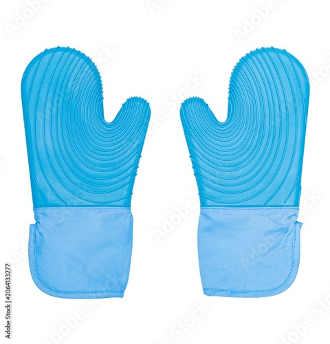 Pair of blue silicone oven mitts with textured grips isolated on white. Heat-resistant kitchen accessory for baking, cooking, grilling, and food preparation.