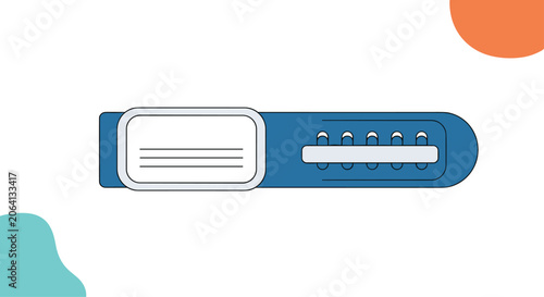 Illustration of a blue fabric strap or identification belt featuring a white writable label and adjustment holes for gear.
