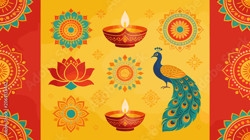 Vibrant Indian festival background with traditional diyas, peacock, lotus, and intricate mandala patterns.