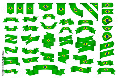 Brazil Flag Ribbon Collection Set – Wavy Ribbon, Badge, Frame and Decorative Design Elements Vector Illustration