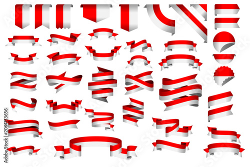 Indonesia Flag Ribbon Collection Set – Wavy Ribbon, Badge, Frame and Decorative Design Elements Vector Illustration