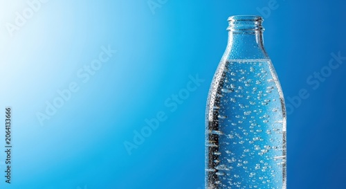 A clear glass bottle of sparkling water stands tall against a vibrant blue background, showcasing condensation and refreshing bubbles, cold, water, life