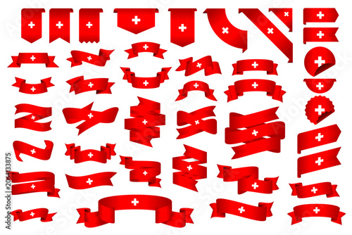 Switzerland Flag Ribbon Collection Set – Wavy Ribbon, Badge, Frame and Decorative Design Elements Vector Illustration