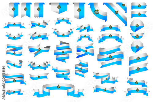 San Marino Flag Ribbon Collection Set – Wavy Ribbon, Badge, Frame and Decorative Design Elements Vector Illustration