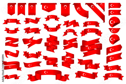 Turkey Flag Ribbon Collection Set – Wavy Ribbon, Badge, Frame and Decorative Design Elements Vector Illustration