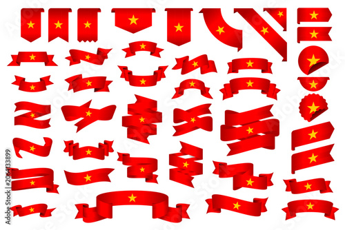Vietnam Flag Ribbon Collection Set – Wavy Ribbon, Badge, Frame and Decorative Design Elements Vector Illustration