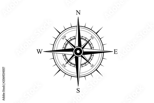 Foto Vintage black and white navigational compass rose isolated on white background w