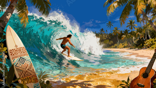 Canvas Print A person surfing a large blue wave on a sunny tropical beach with palm trees, a surfboard, and a guitar