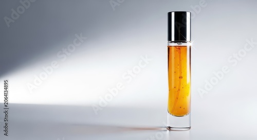 A sleek glass perfume dispenser reflecting light on a pale background, emphasizing the elegant packaging and aromatic liquid inside, vanity, spray, dispenser