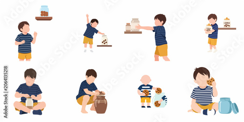 Cuadro en lienzo Set of illustrations featuring a little boy reaching for, opening, and eating co