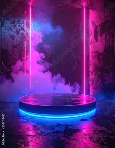 Circular podium with neon lights and purple smoke, futuristic product display stand for gaming or technology, cinematic atmosphere for stage
