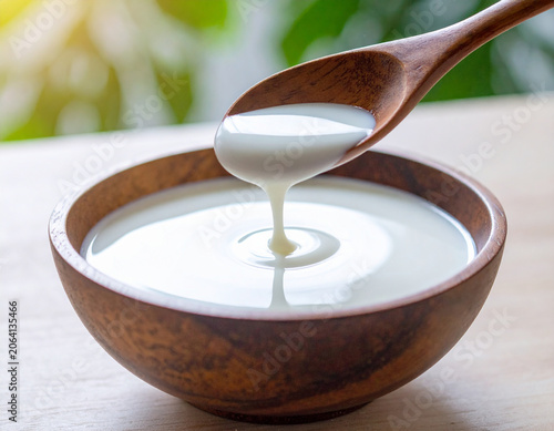 A creamy yogurt of creamy white liquid hangs from a wood spoon, bowl filled with yogurt.