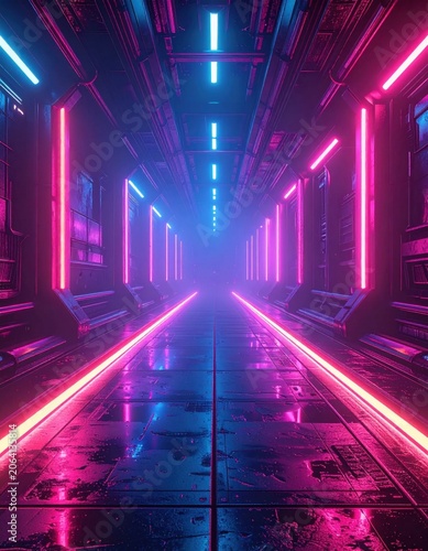 Futuristic dark corridor with vibrant pink and blue neon lights reflecting on wet metallic floor, sci-fi spaceship interior tunnel