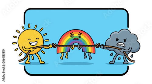 Sun and Storm Cloud Play Tug of War with Rainbow.