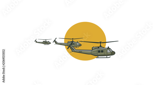 Three Military Helicopters Flying in Formation Against a Bright Yellow Sun.