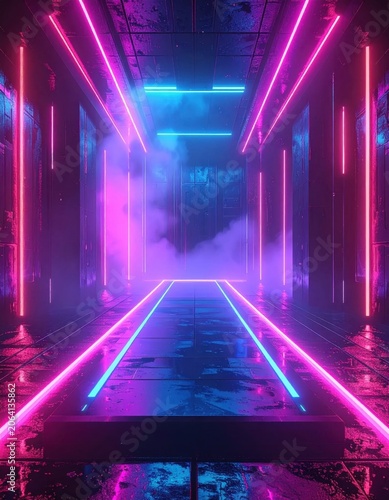 Futuristic neon hallway with glowing pink and blue light strips, reflecting on a wet glossy floor, cinematic atmosphere for cyberpunk backgrounds