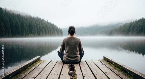 Woman meditating on wooden pier overlooking misty mountain lake