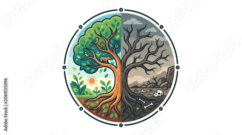 Tree of Life Divided Between Nature and Pollution.