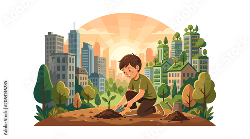 Young boy planting a small tree in a futuristic green city.