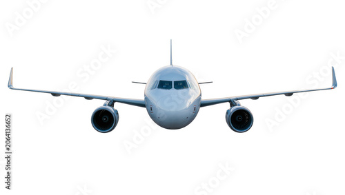 Commercial jet airplane front view with engines and wings