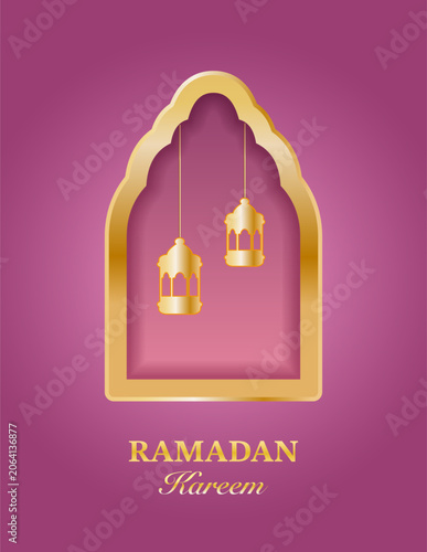 Ramadan Kareem poster with gold 3D Arabian window, night star, moon, mosque dome. Oriental Islamic design