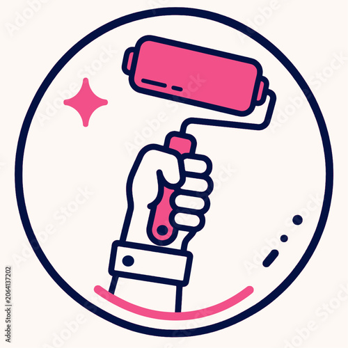 Circle Badge Icon Fist Holding Pink Paint Roller Navy Sparkle Line Art Vector Logo