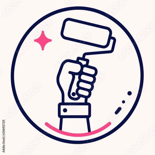 Circle Badge Icon Fist Gripping Paint Roller Outline Style Navy Vector Logo Design
