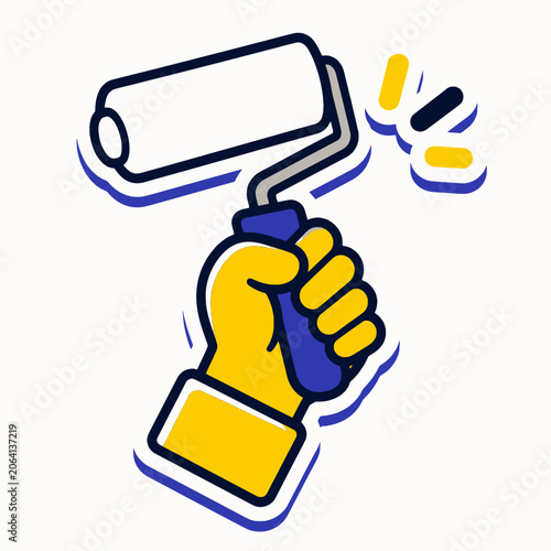 Yellow Fist Sticker Gripping Paint Roller Bold Outline Renovation Tool Emoji Vector