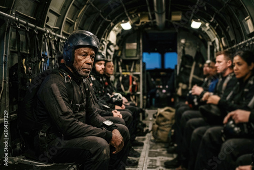 Serious senior African American paratrooper sitting inside military cargo airplane cabin before jump