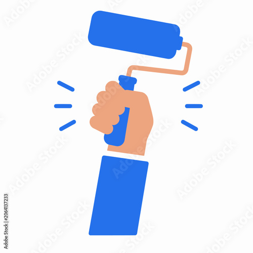 Cartoon Fist Gripping Blue Paint Roller Flat Vector Renovation Painting Tool Icon