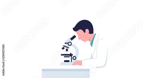Scientist looking through microscope in laboratory, flat illustration