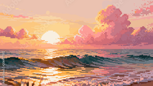 Fotografie Pixel art depicts a serene ocean sunset with gentle waves reflecting the warm golden and pink hues of the sky and clouds