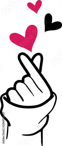 Hand gesture with two pink hearts floating above fingers