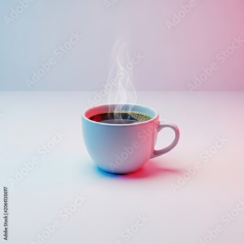 Freshly brewed hot beverage in a simple ceramic cup, steaming gently. Minimalist composition centered on a seamless white surface, relaxation, hot, porcelain