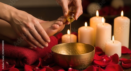 Therapist pouring essential oil for foot massage with candles